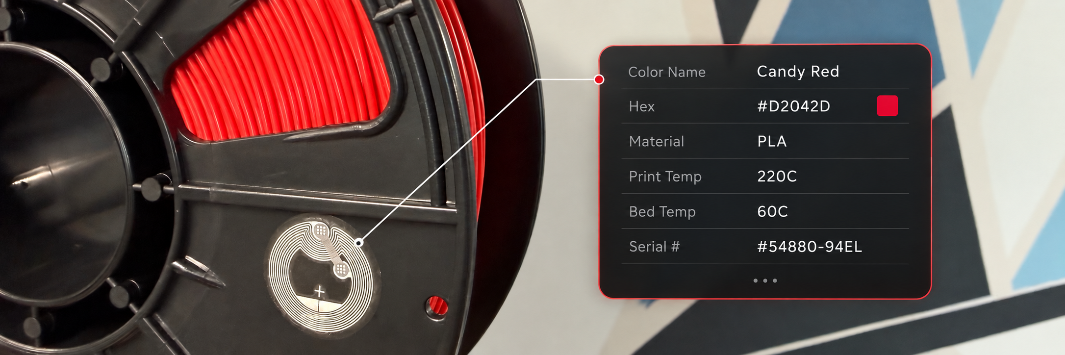 Red filament spool with an NFC tag and an illustration of the color, material, and printing data it can store